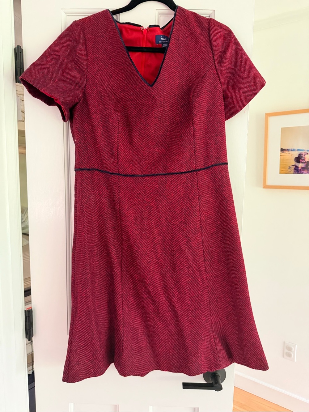 Boden Red Short-Sleeve A-Line Dress with Navy Piping